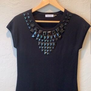 Calvin Klein Merino Wool Blend Black Sweater Dress with faux jewel detail